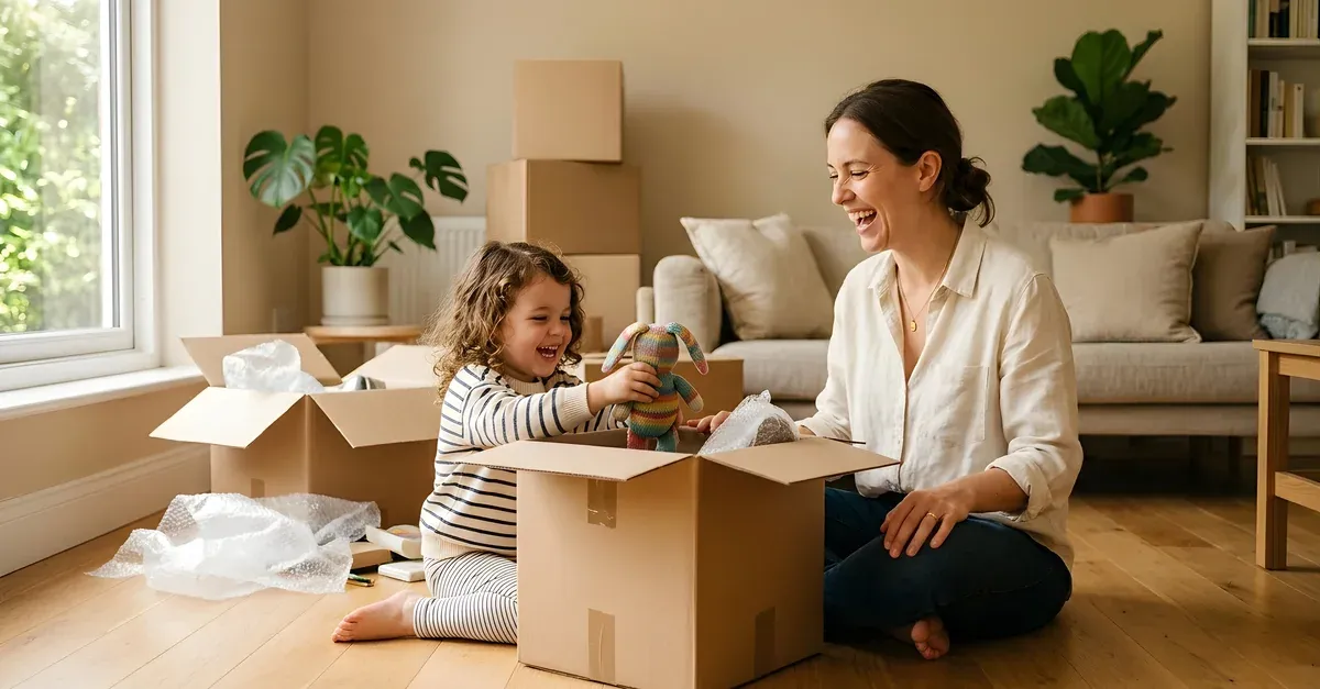 Young child laughing as she lifts a knitted toy out of a moving box, sitting on the floor with her mum in a new living room.
